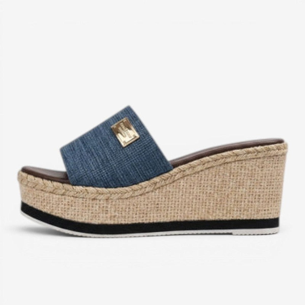 Damesslippers met espadrille-sleehak en goudkleurig detail