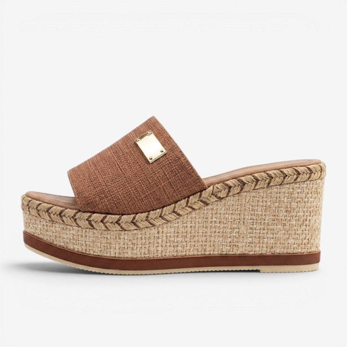 Damesslippers met espadrille-sleehak en goudkleurig detail