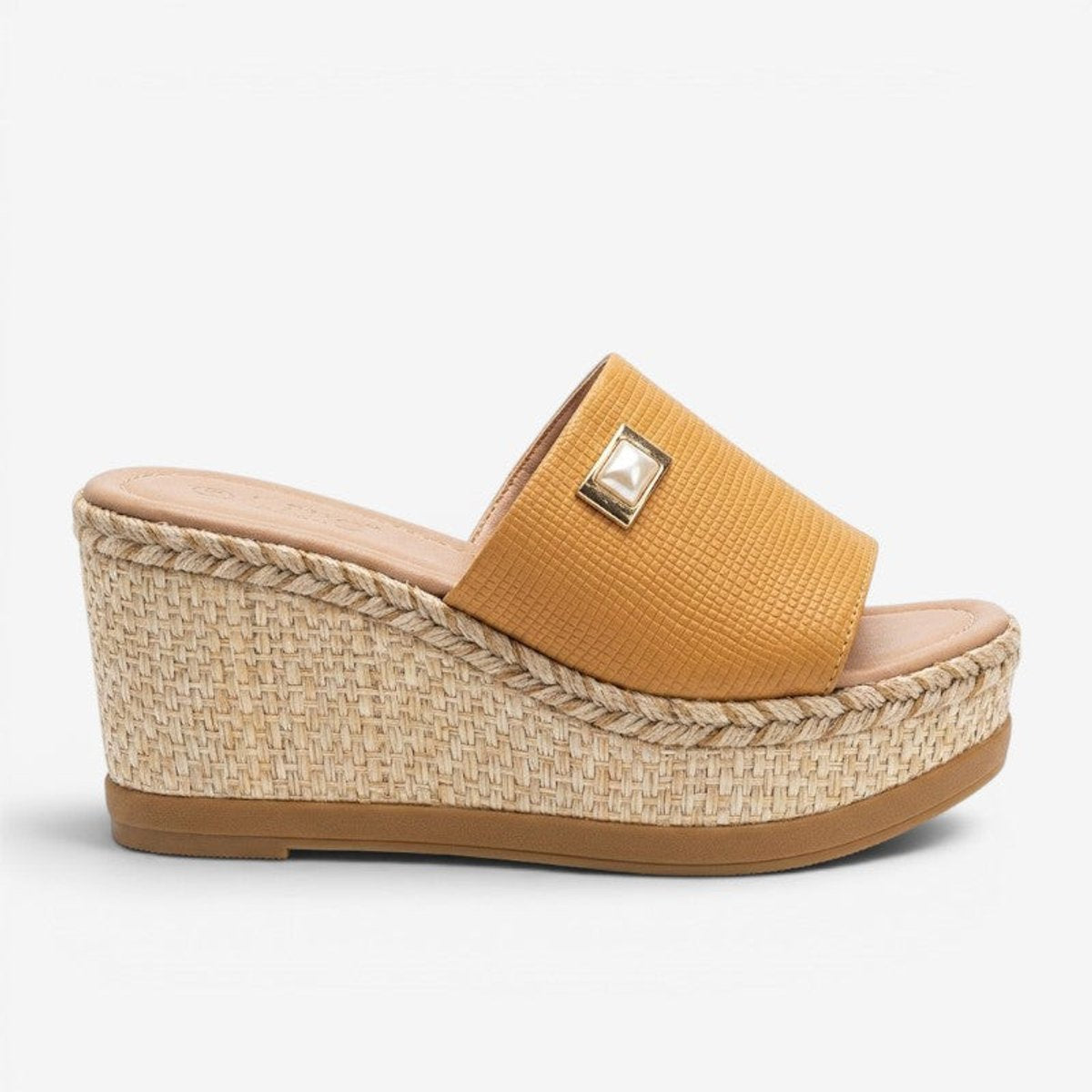 Damesslippers met espadrille-sleehak en goudkleurig detail