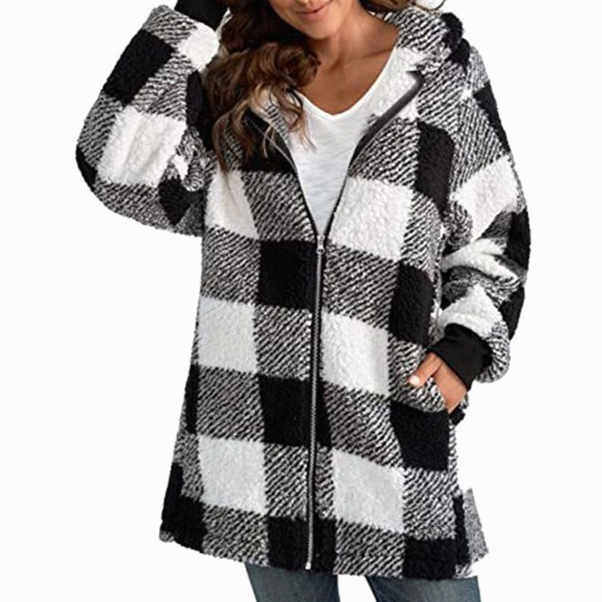 Nia | Geruite sherpa-fleecejas met capuchon