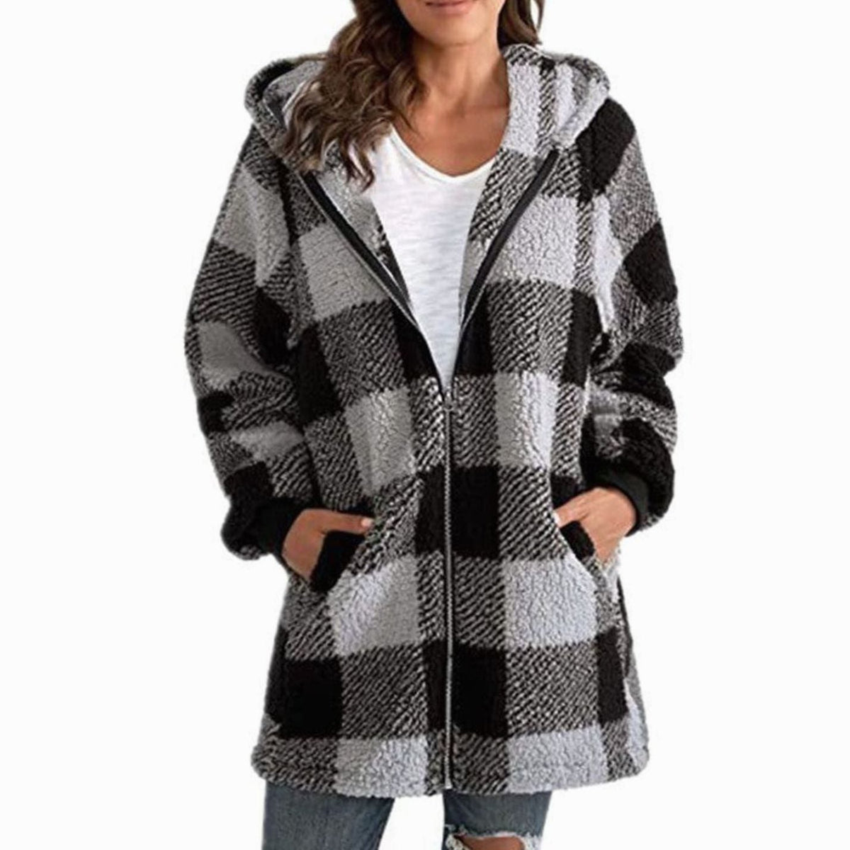 Nia | Geruite sherpa-fleecejas met capuchon