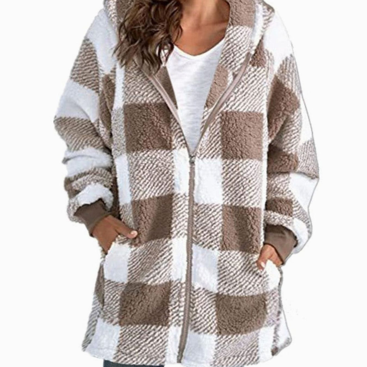 Nia | Geruite sherpa-fleecejas met capuchon