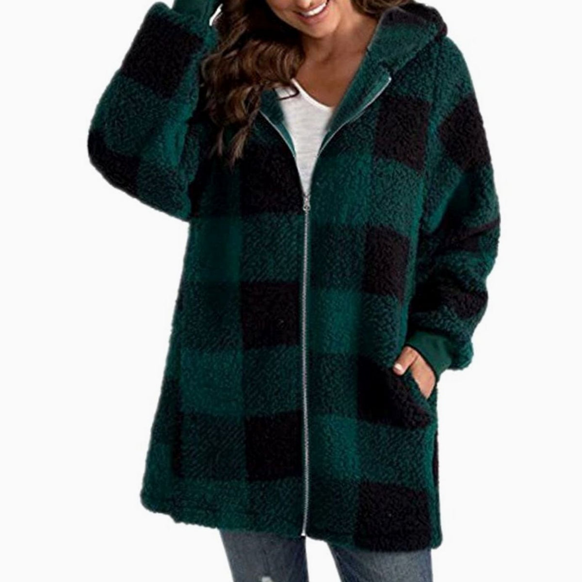 Nia | Geruite sherpa-fleecejas met capuchon