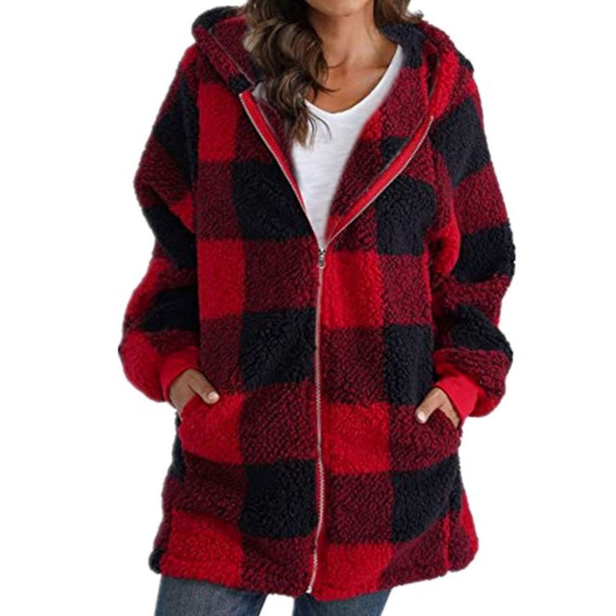Nia | Geruite sherpa-fleecejas met capuchon