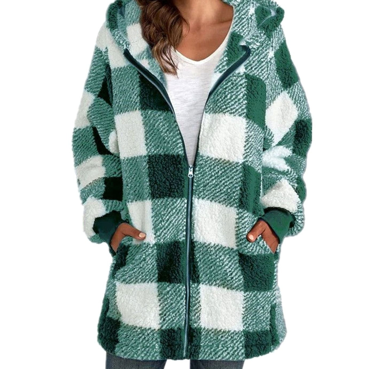 Nia | Geruite sherpa-fleecejas met capuchon