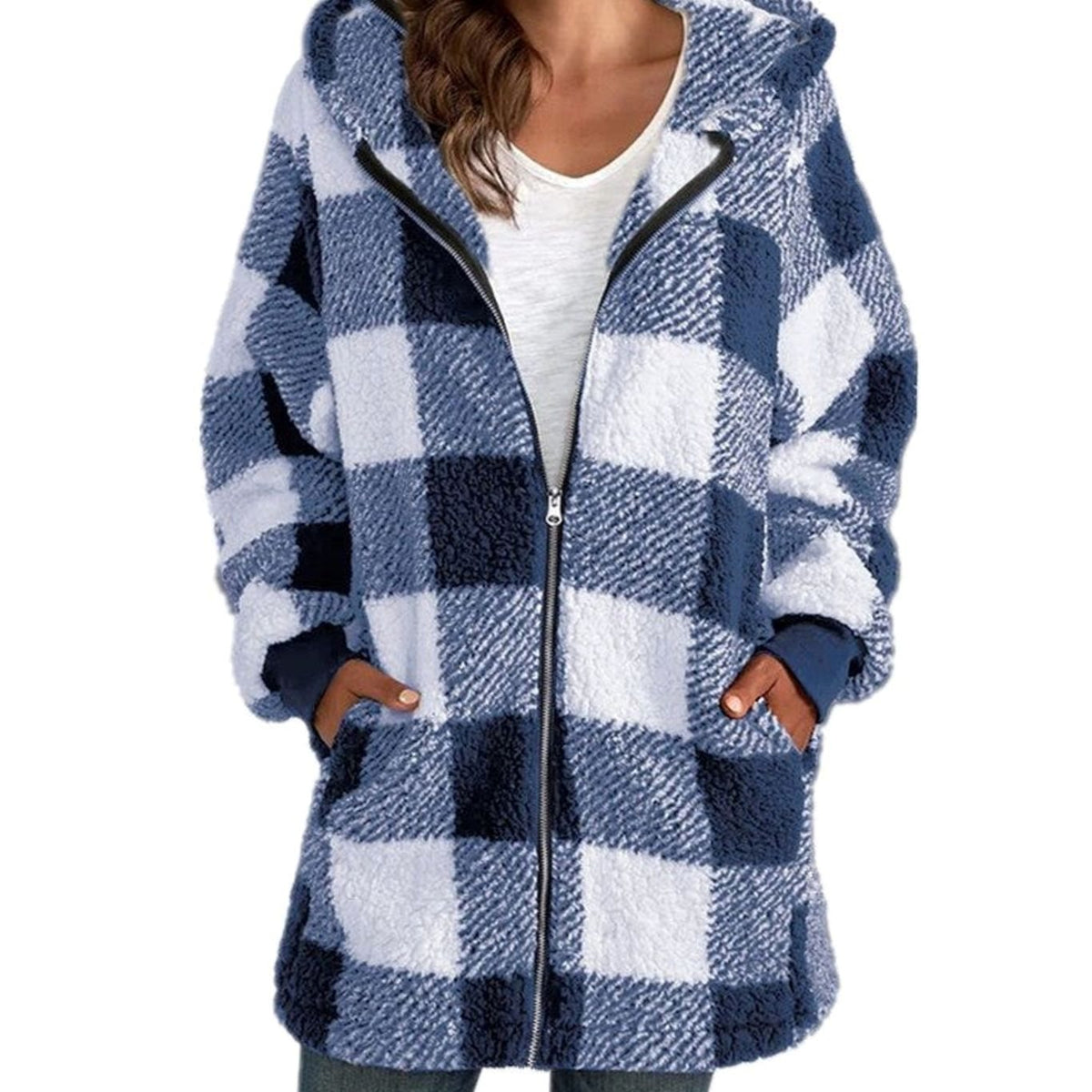 Nia | Geruite sherpa-fleecejas met capuchon