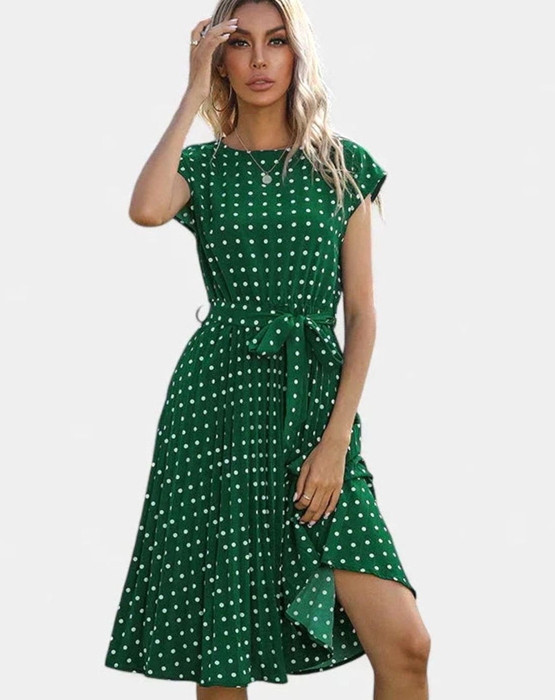 Danica | Gestipte midi-jurk met kapmouwen en strikceintuur