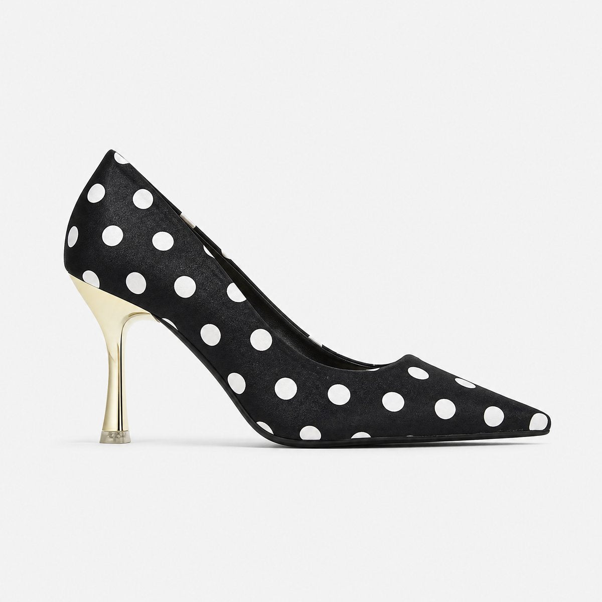 Damespumps met stippenprint, puntneus en goudkleurige stilettohak