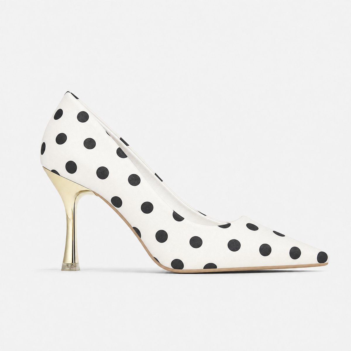 Damespumps met stippenprint, puntneus en goudkleurige stilettohak
