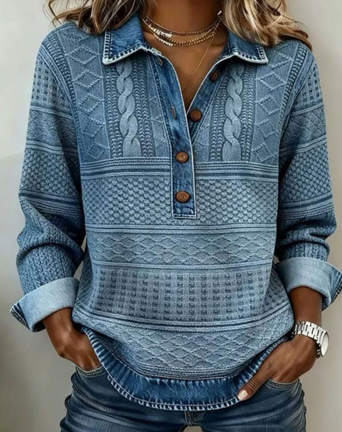 Thalia | Dameskabeltrui met denimlook kraag en knoopsluiting