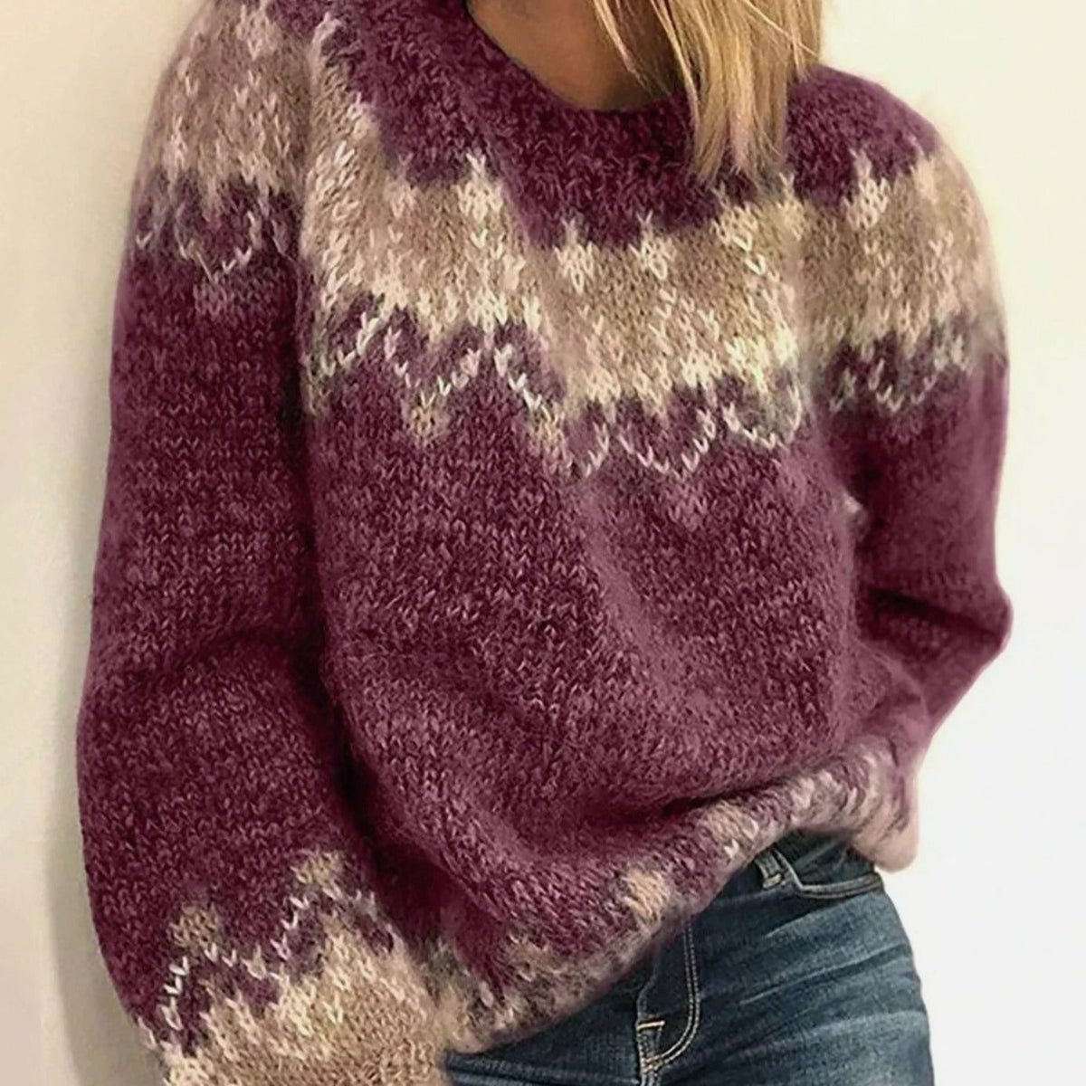 Tara | Gebreide damestrui met ronde hals en colourblock-motief