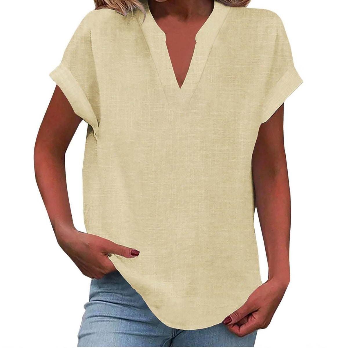 Nayla | Blouse met V-hals en omgeslagen korte mouwen