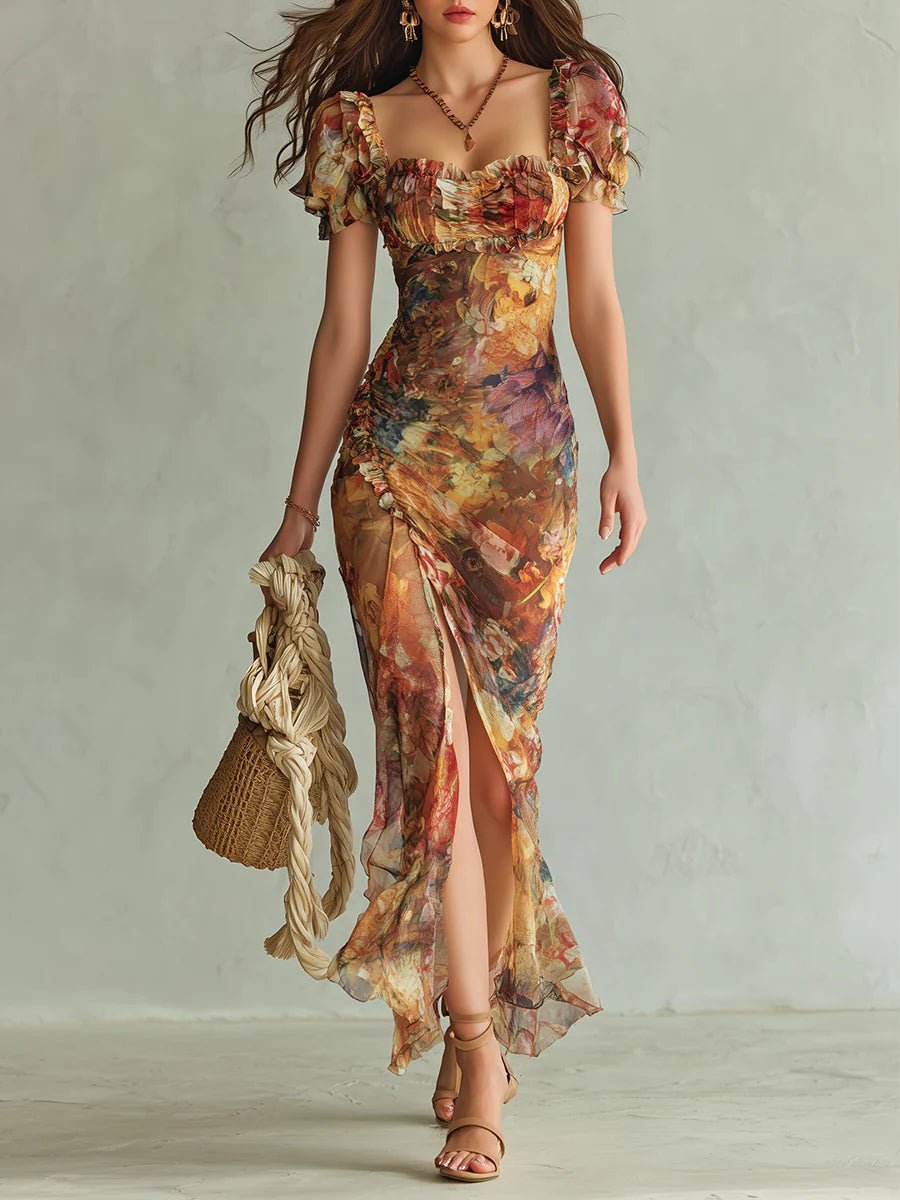 Saadia | Chiffon maxi-jurk met hartvormige hals en ruches