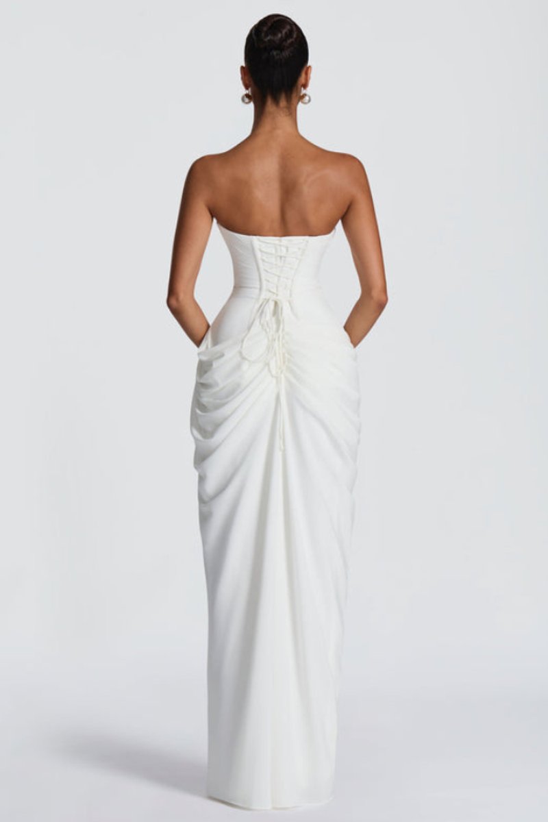 Marthe | Strapless chiffonavondjurk met hoge split