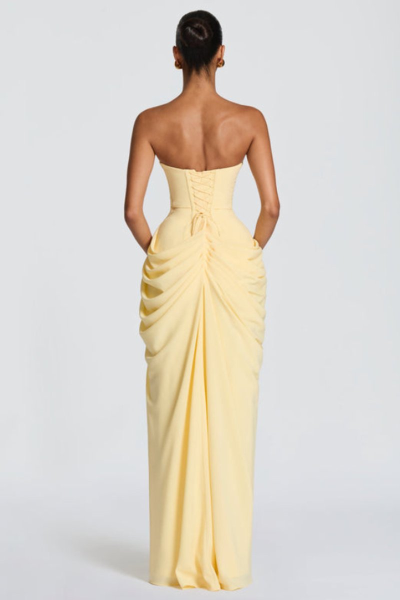 Marthe | Strapless chiffonavondjurk met hoge split