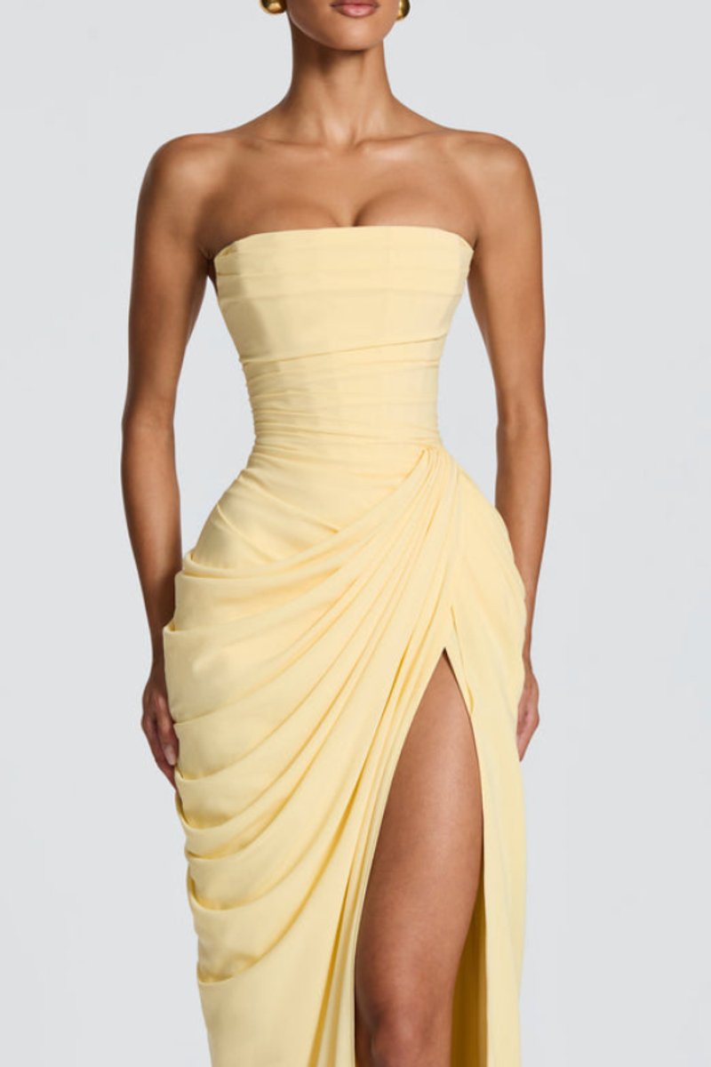 Marthe | Strapless chiffonavondjurk met hoge split