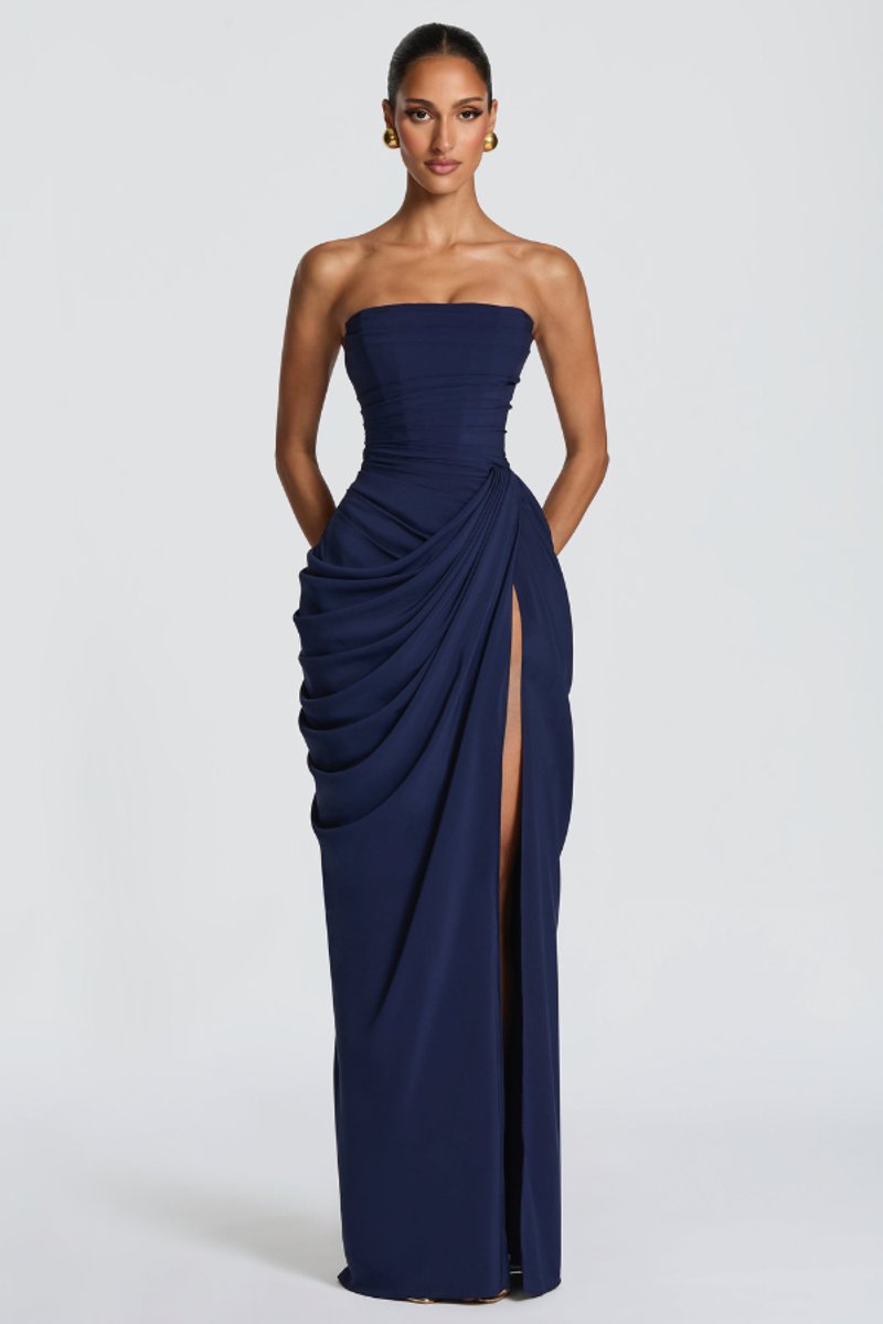 Marthe | Strapless chiffonavondjurk met hoge split