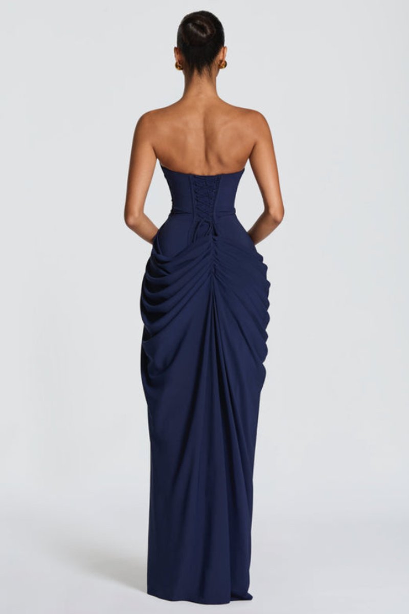 Marthe | Strapless chiffonavondjurk met hoge split