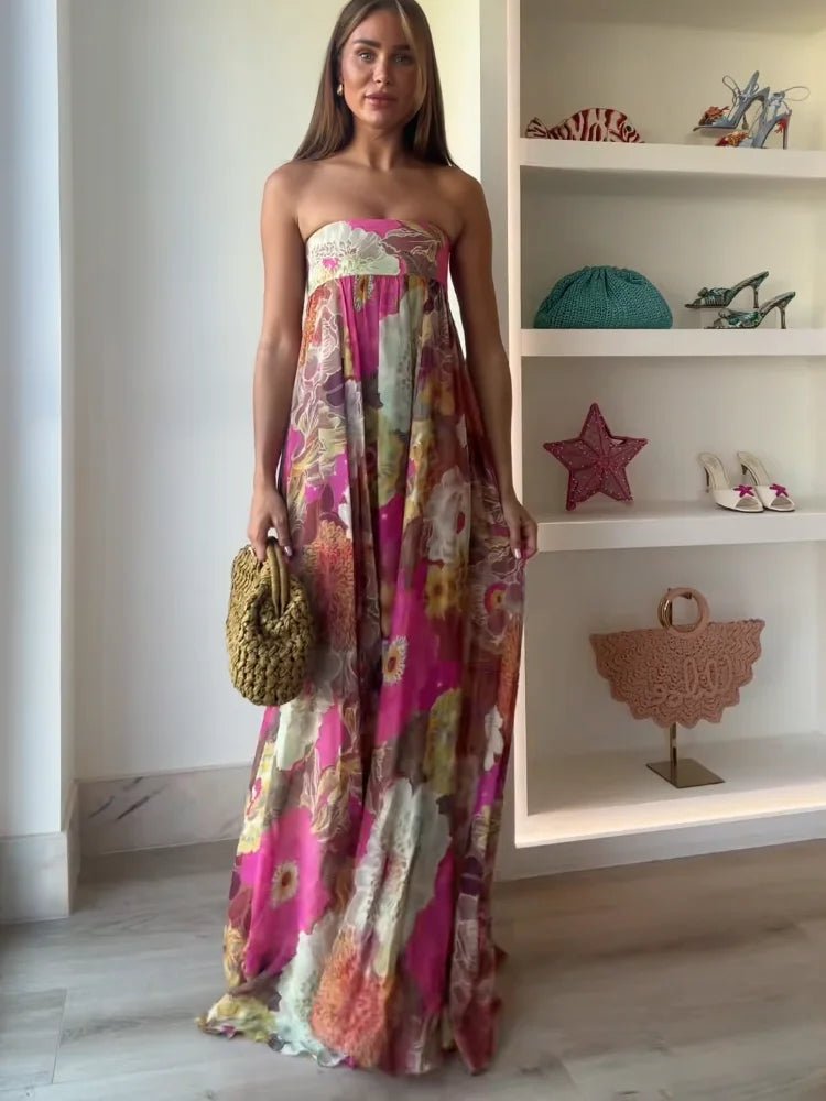 Romilda | Strapless gebloemde maxi-jurk met verborgen rugrits