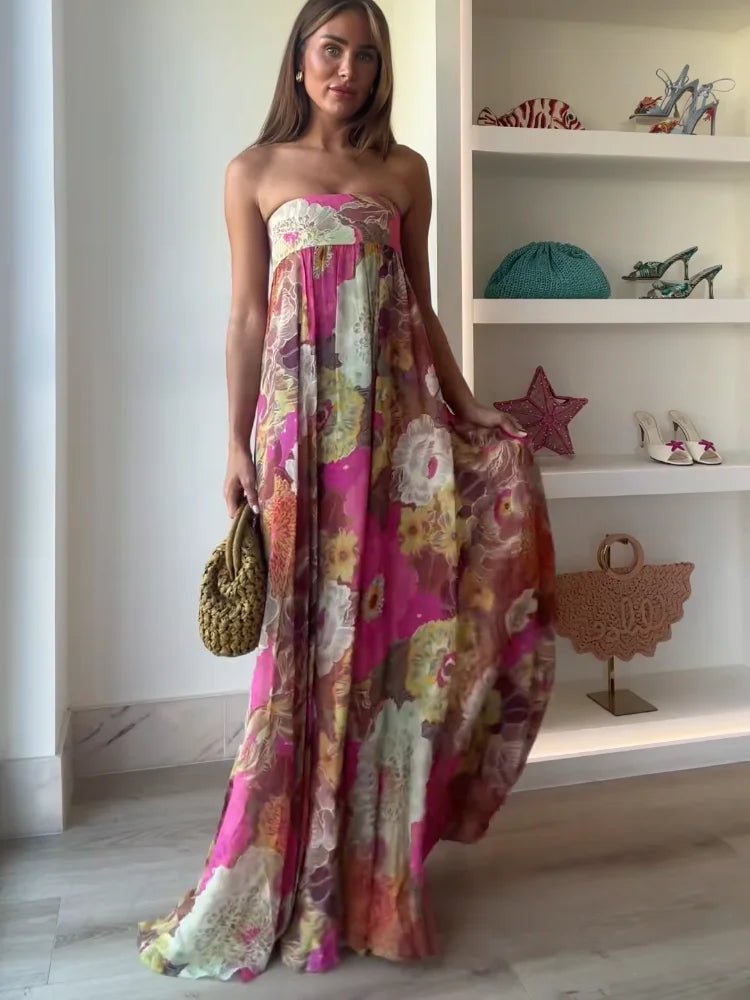 Romilda | Strapless gebloemde maxi-jurk met verborgen rugrits