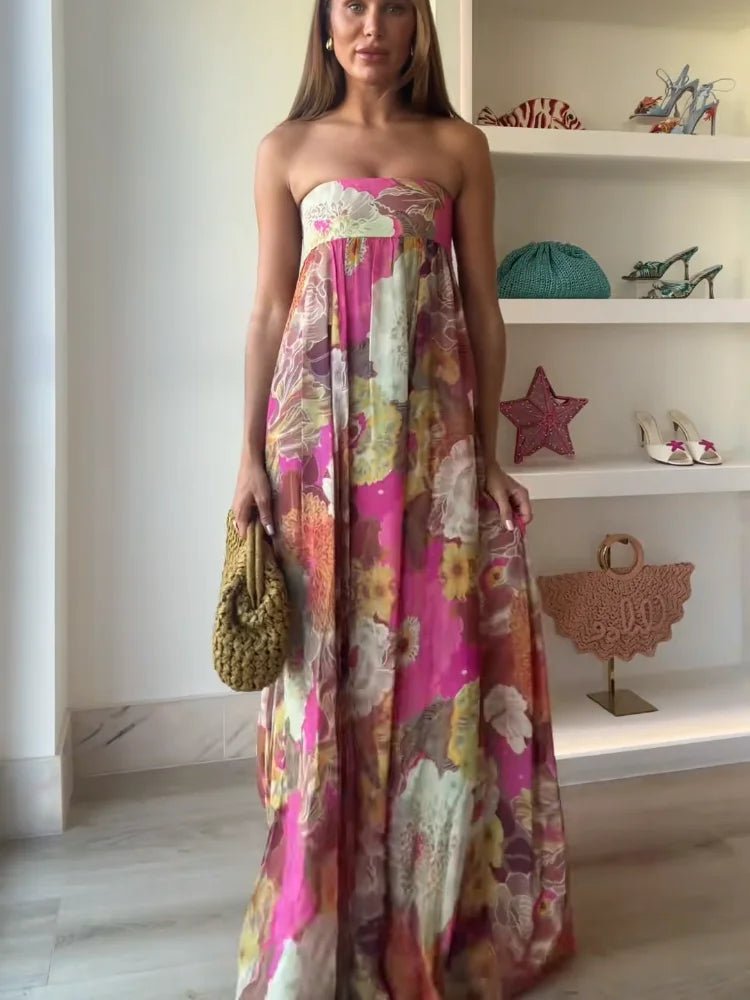 Romilda | Strapless gebloemde maxi-jurk met verborgen rugrits