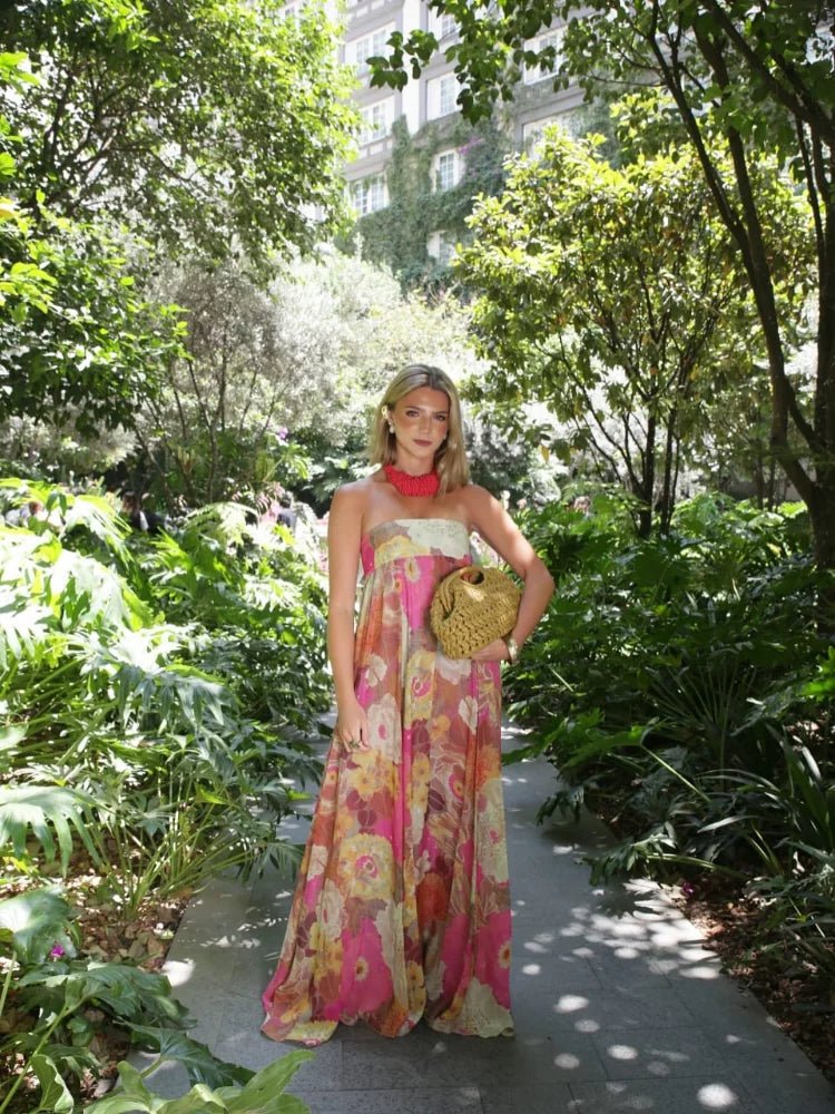 Romilda | Strapless gebloemde maxi-jurk met verborgen rugrits