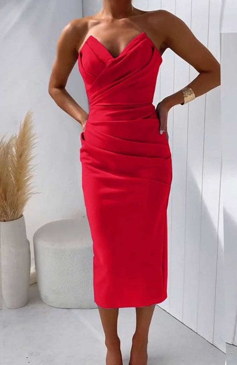 Vajèn | Strapless midi-jurk met hartvormige hals en plooien