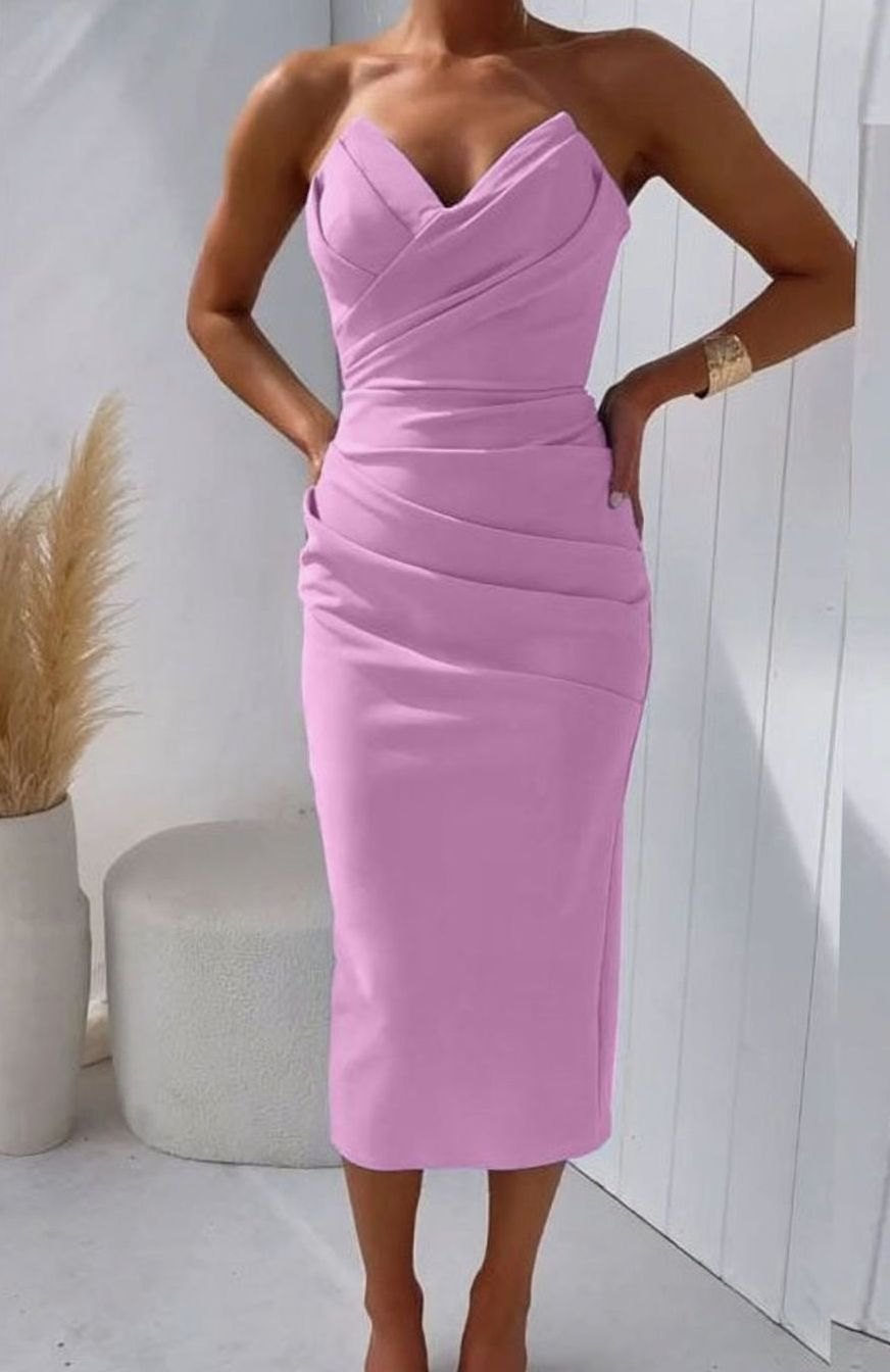 Vajèn | Strapless midi-jurk met hartvormige hals en plooien