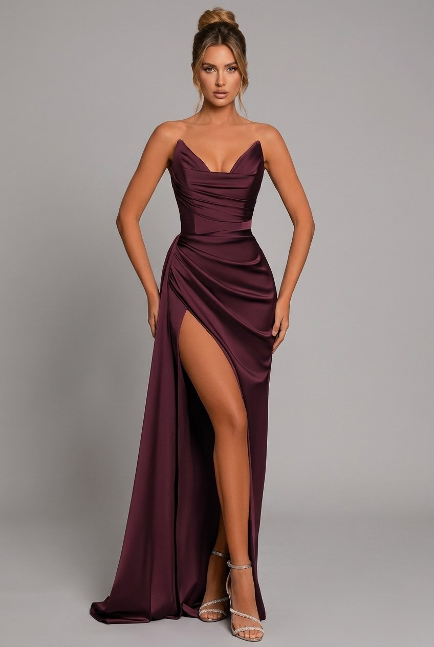 Renée | Strapless satijnen damesmaxijurk met sweetheart-hals en hoge split