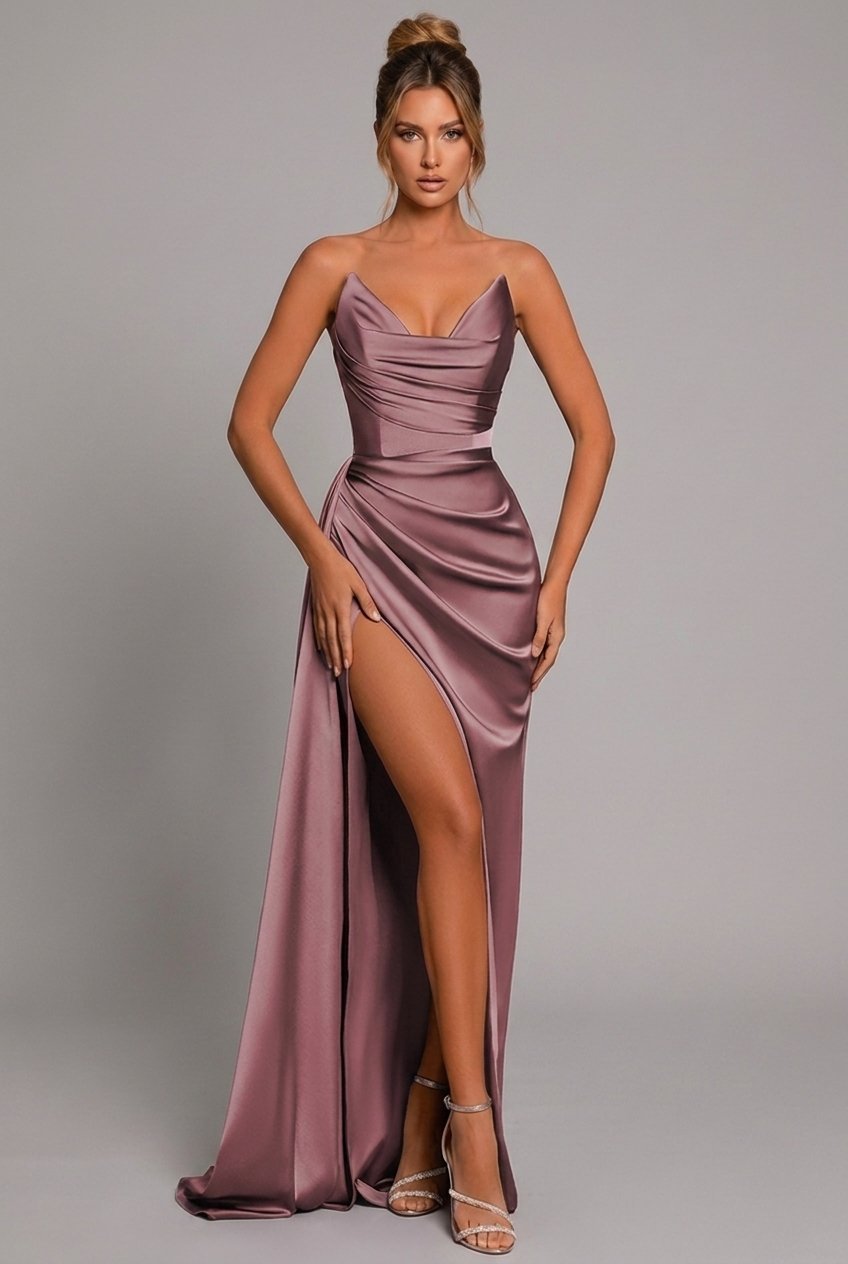 Renée | Strapless satijnen damesmaxijurk met sweetheart-hals en hoge split