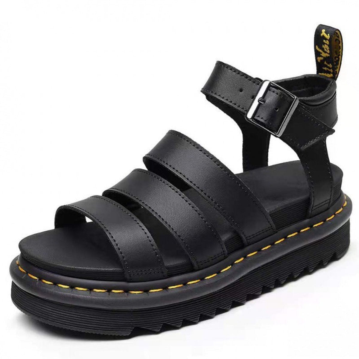 Leren damesplatformsandalen met brede bandjes en enkelgesp