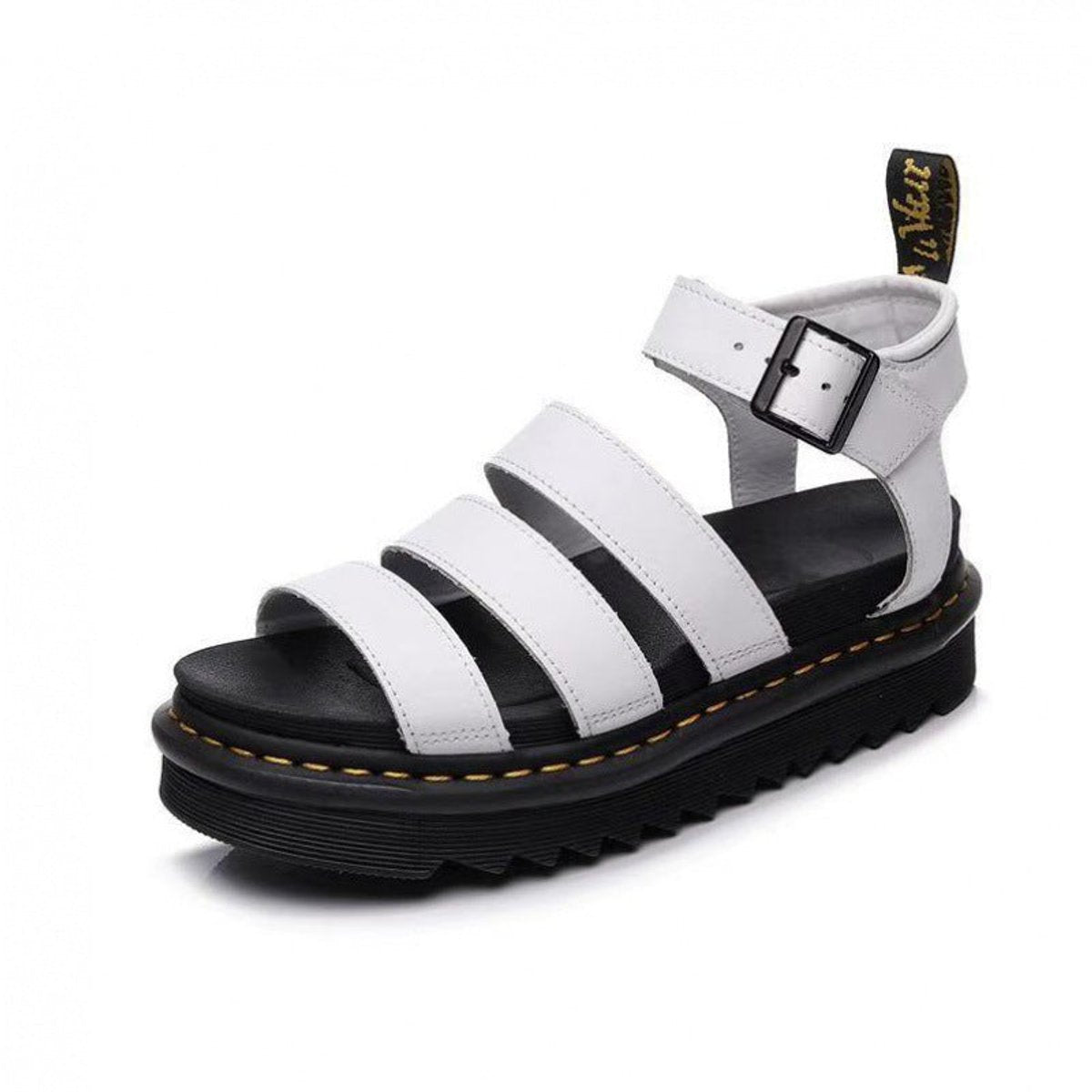 Leren damesplatformsandalen met brede bandjes en enkelgesp