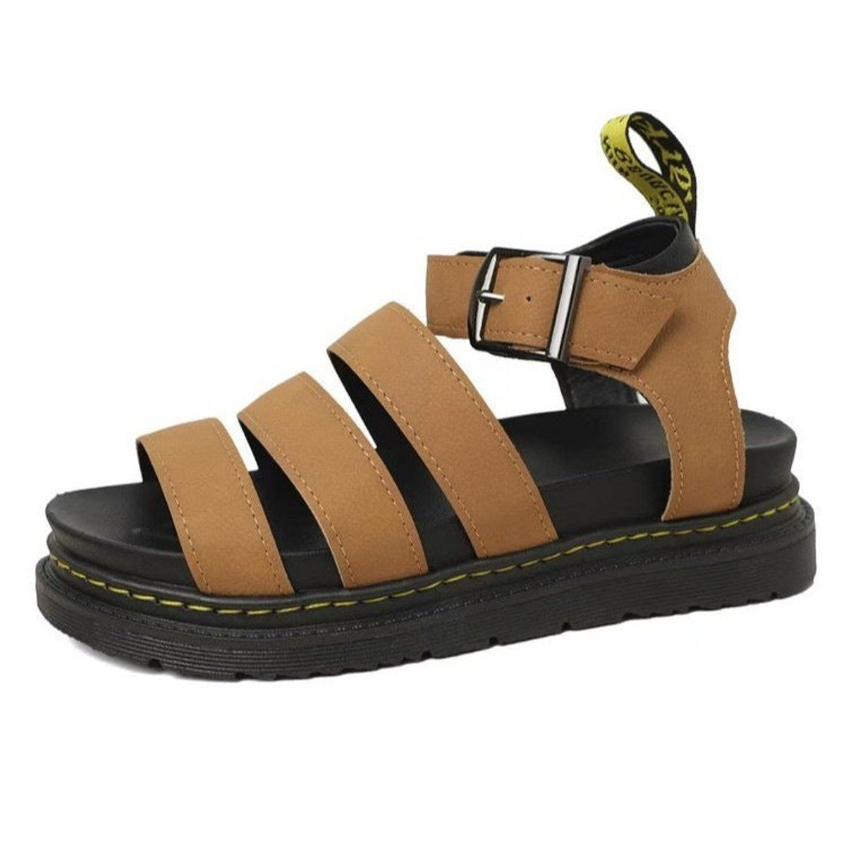 Leren damesplatformsandalen met brede bandjes en enkelgesp
