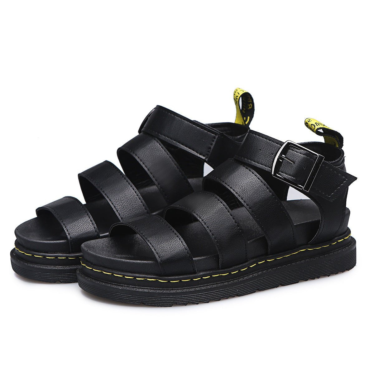 Leren damesplatformsandalen met brede bandjes en enkelgesp