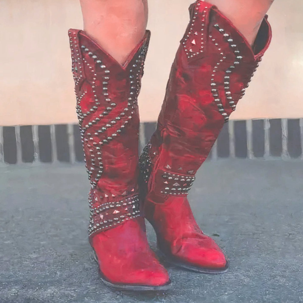 Knielange cowboylaarzen voor dames met studs en blokhak