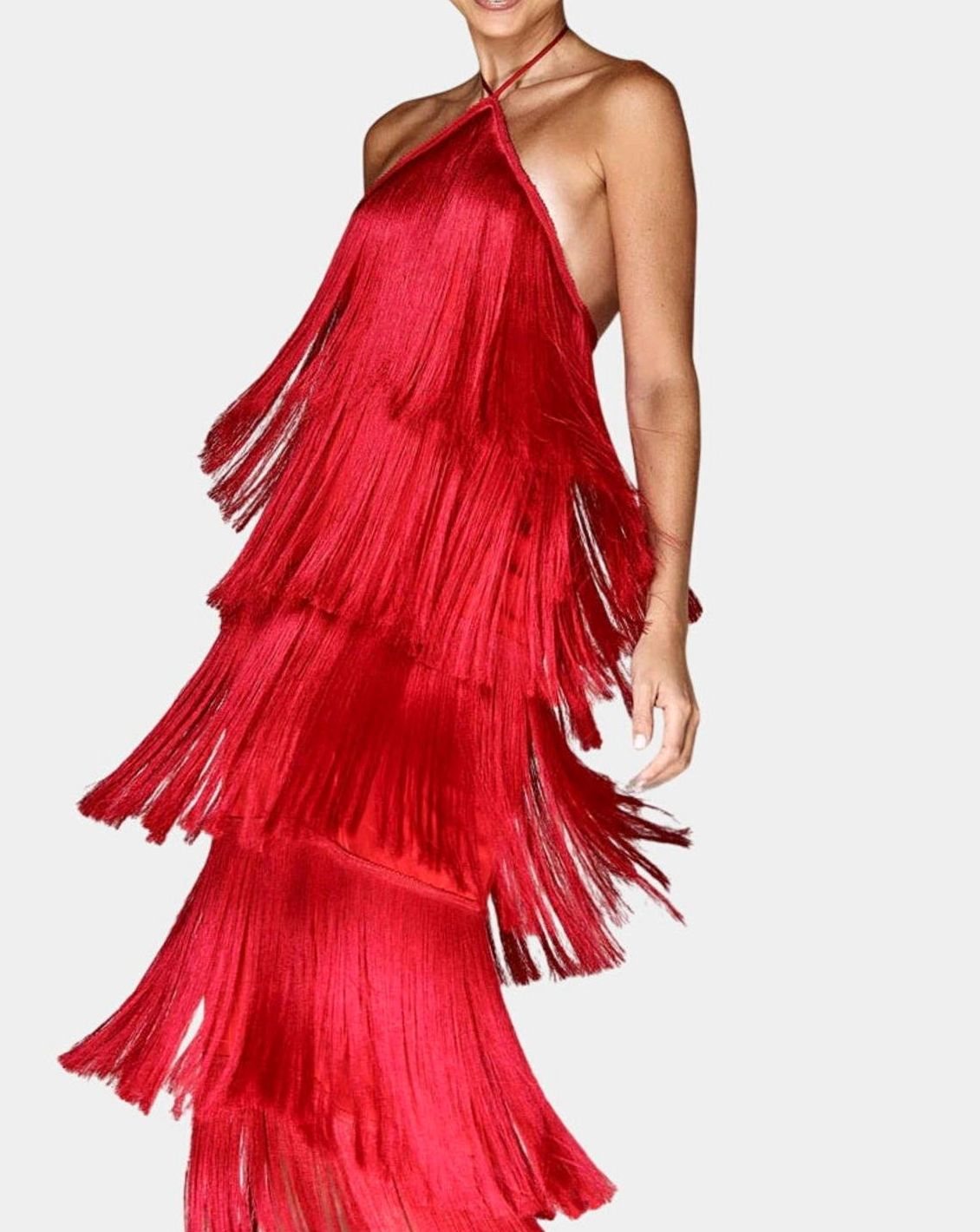 Sanna | Halter-maxi-jurk met laagjesfranjes en open rug