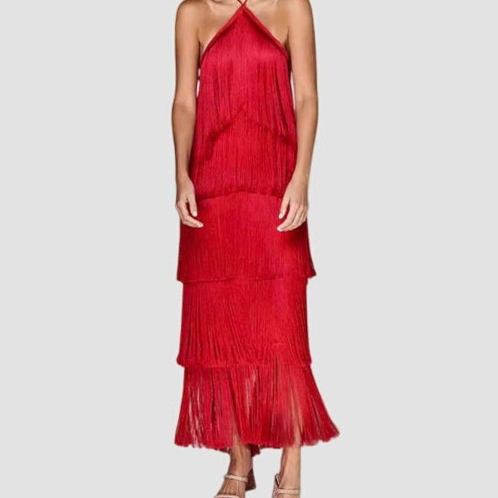 Sanna | Halter-maxi-jurk met laagjesfranjes en open rug