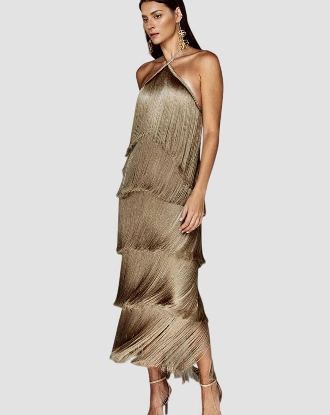 Sanna | Halter-maxi-jurk met laagjesfranjes en open rug
