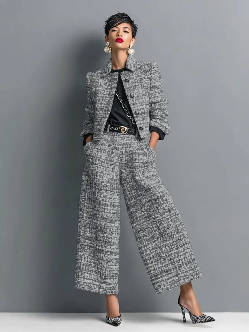 Antoinette | Tweed pak met korte blazer en wijde broek