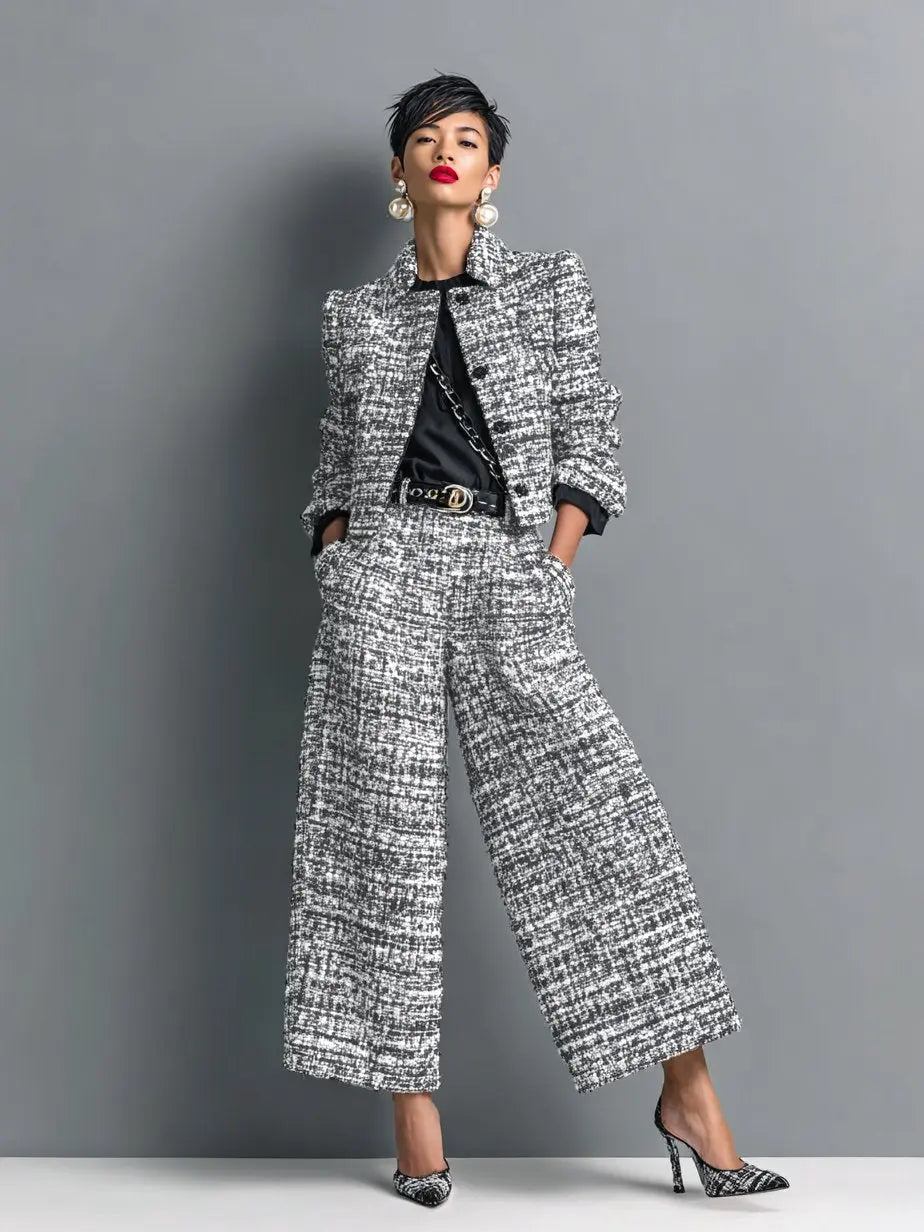 Antoinette | Tweed pak met korte blazer en wijde broek