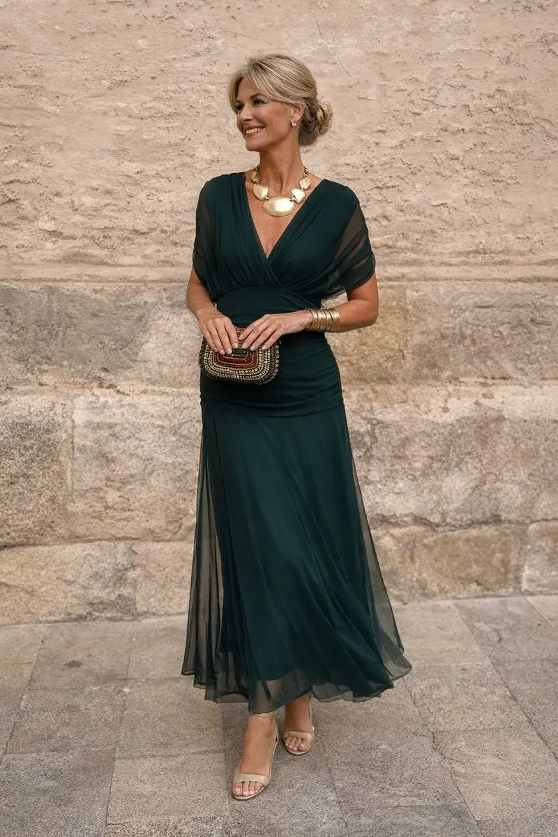 Maria | Chiffonmaxijurk met gerimpelde taille