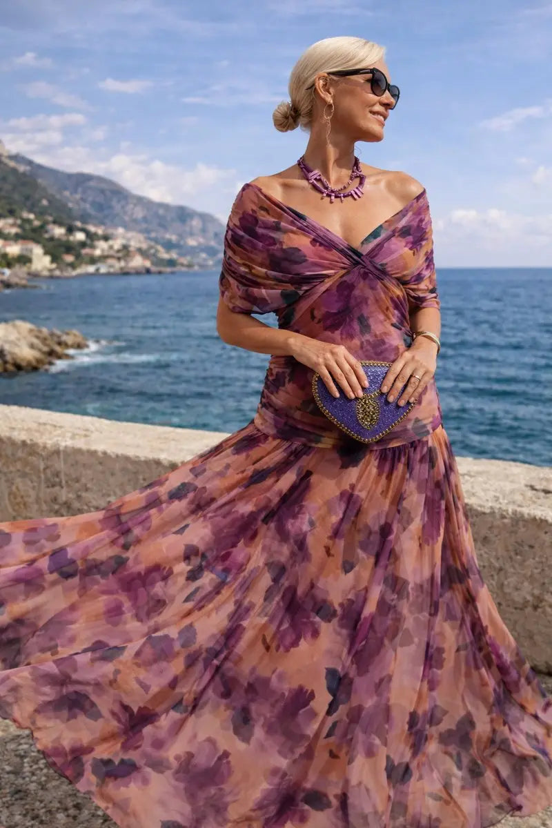 Maria | Chiffon maxi-jurk met V-hals en gerimpelde taille