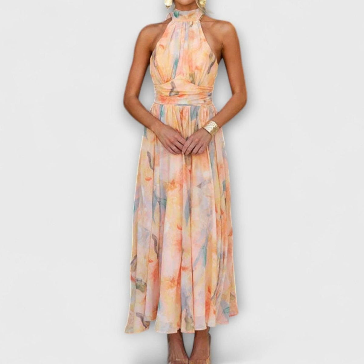 Nalini | Damesmaxijurk van chiffon met halterhals en aquarelprint
