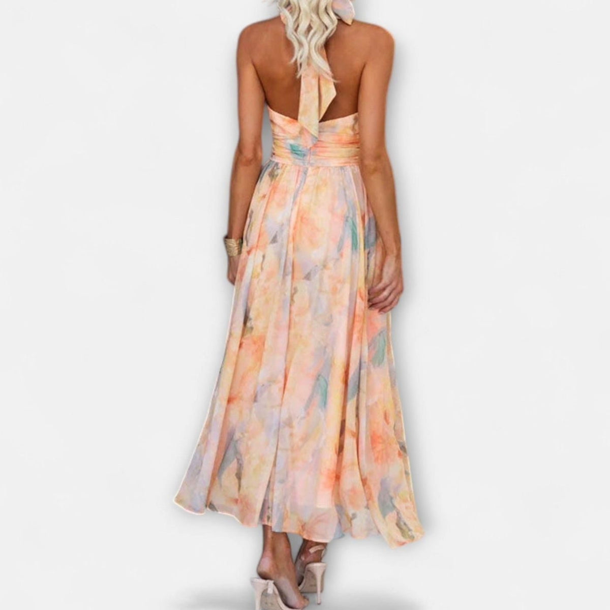 Nalini | Damesmaxijurk van chiffon met halterhals en aquarelprint