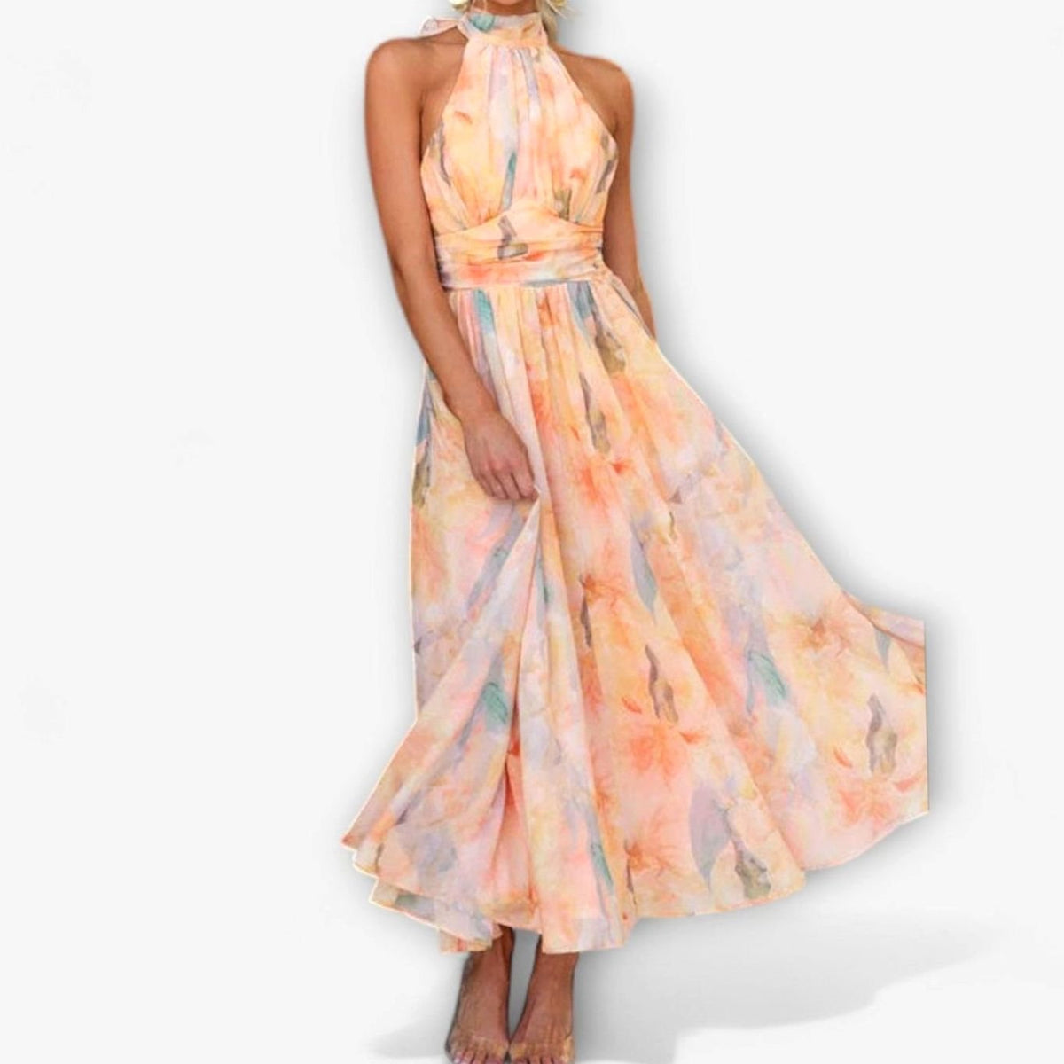Nalini | Damesmaxijurk van chiffon met halterhals en aquarelprint