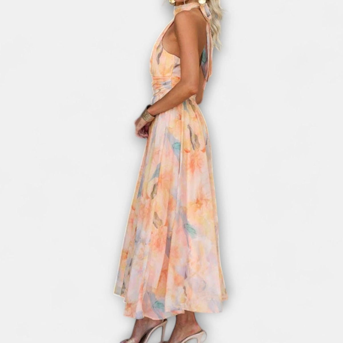 Nalini | Damesmaxijurk van chiffon met halterhals en aquarelprint
