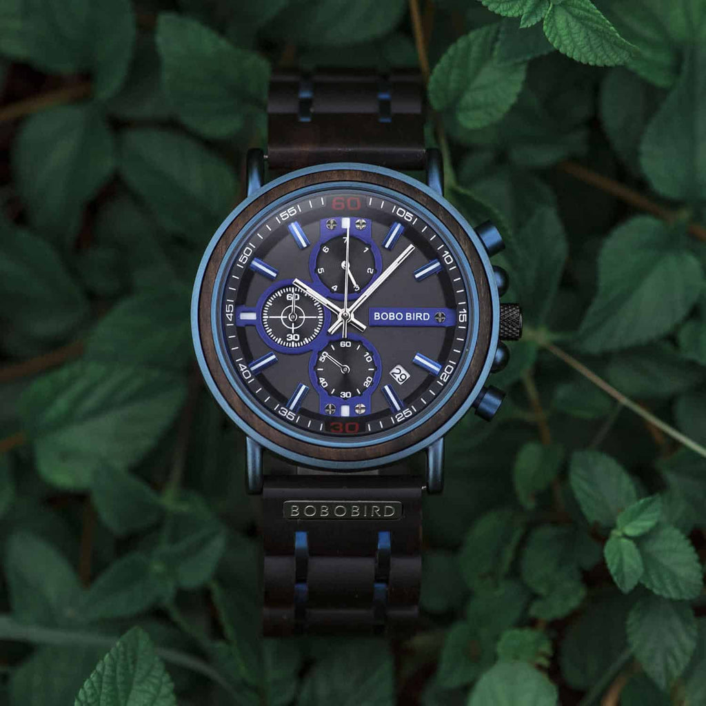 Chronograafhorloge van blauw hout