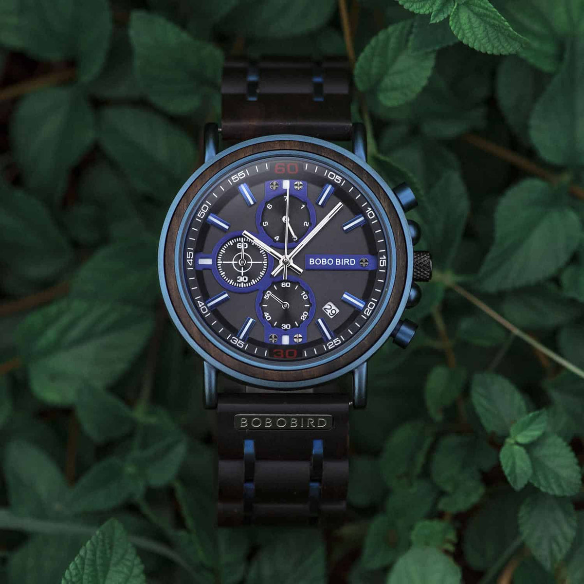 Chronograafhorloge van blauw hout