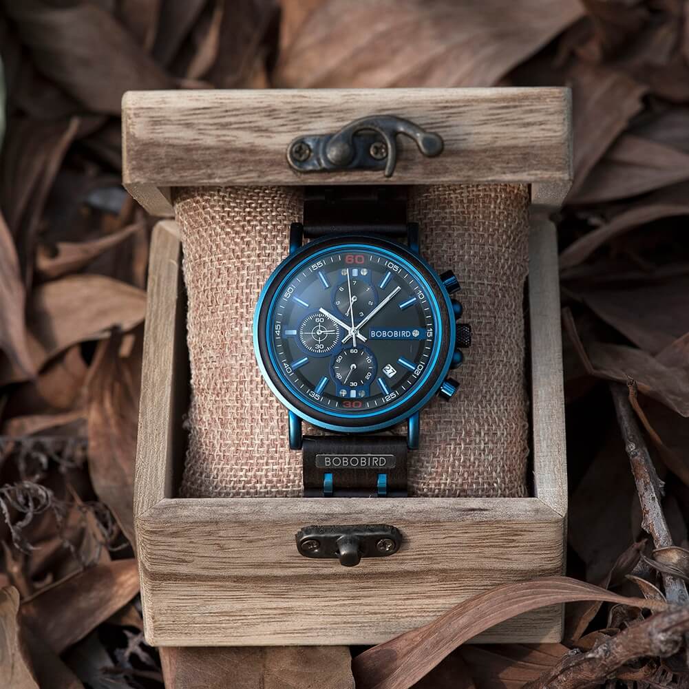 Chronograafhorloge van blauw hout