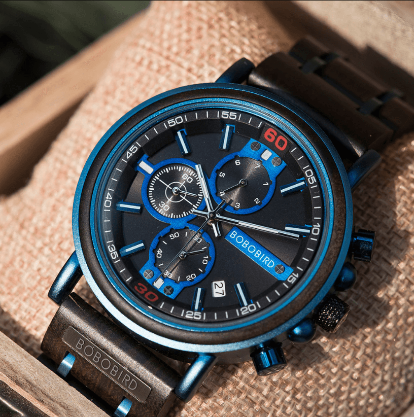 Chronograafhorloge van blauw hout — afbeelding 10